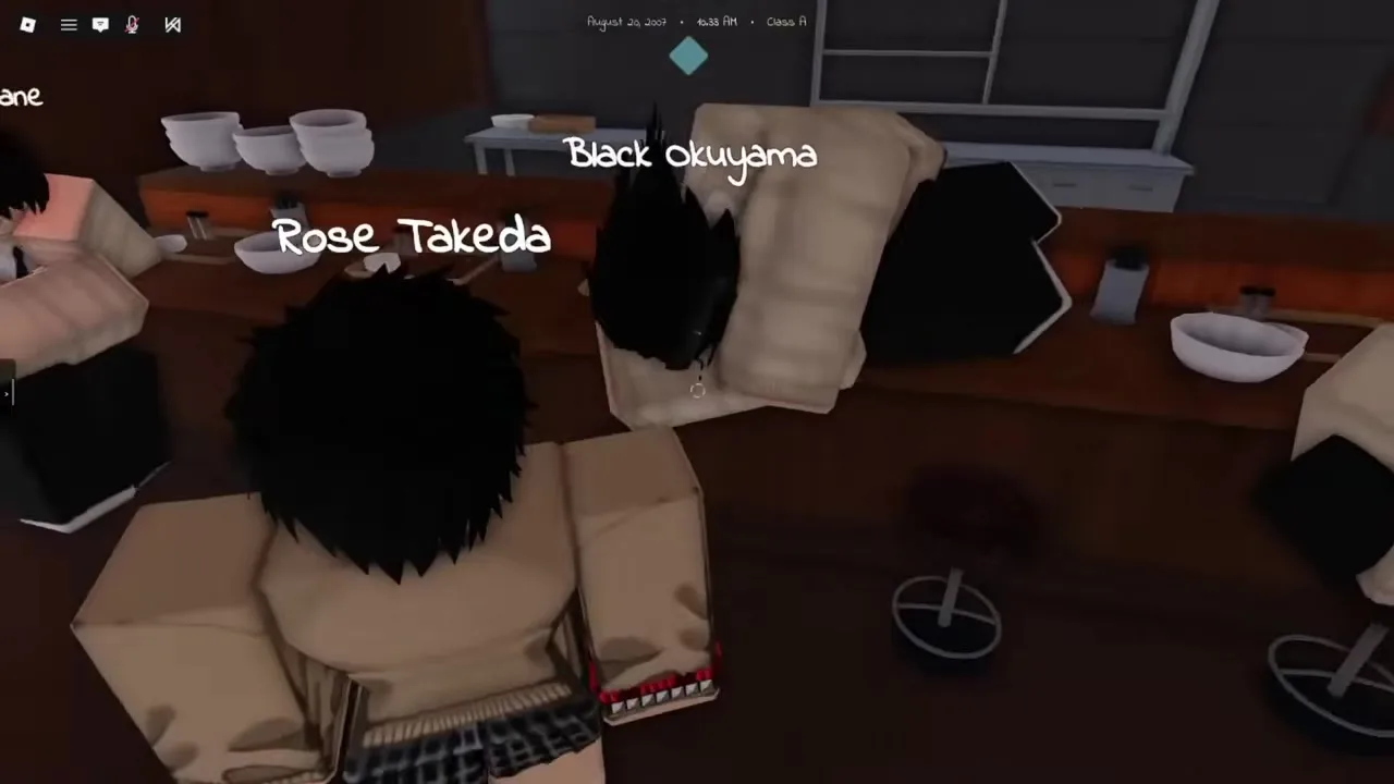 Gakuran Roblox avatar emotes — Roblox emote wheel in a school hallway on PC